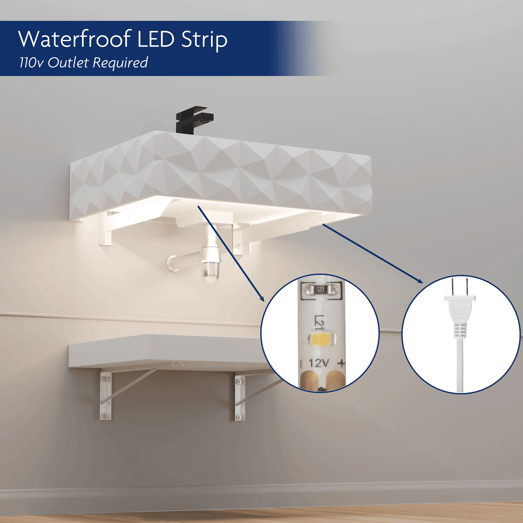 GESIPOR 24"x19" Bathroom Floating Vanity Sink with LED Light, Wall-Mount Stone Resin Bathroom Vessel Sink Rectangular Modern Art Basin with Shelf Layer