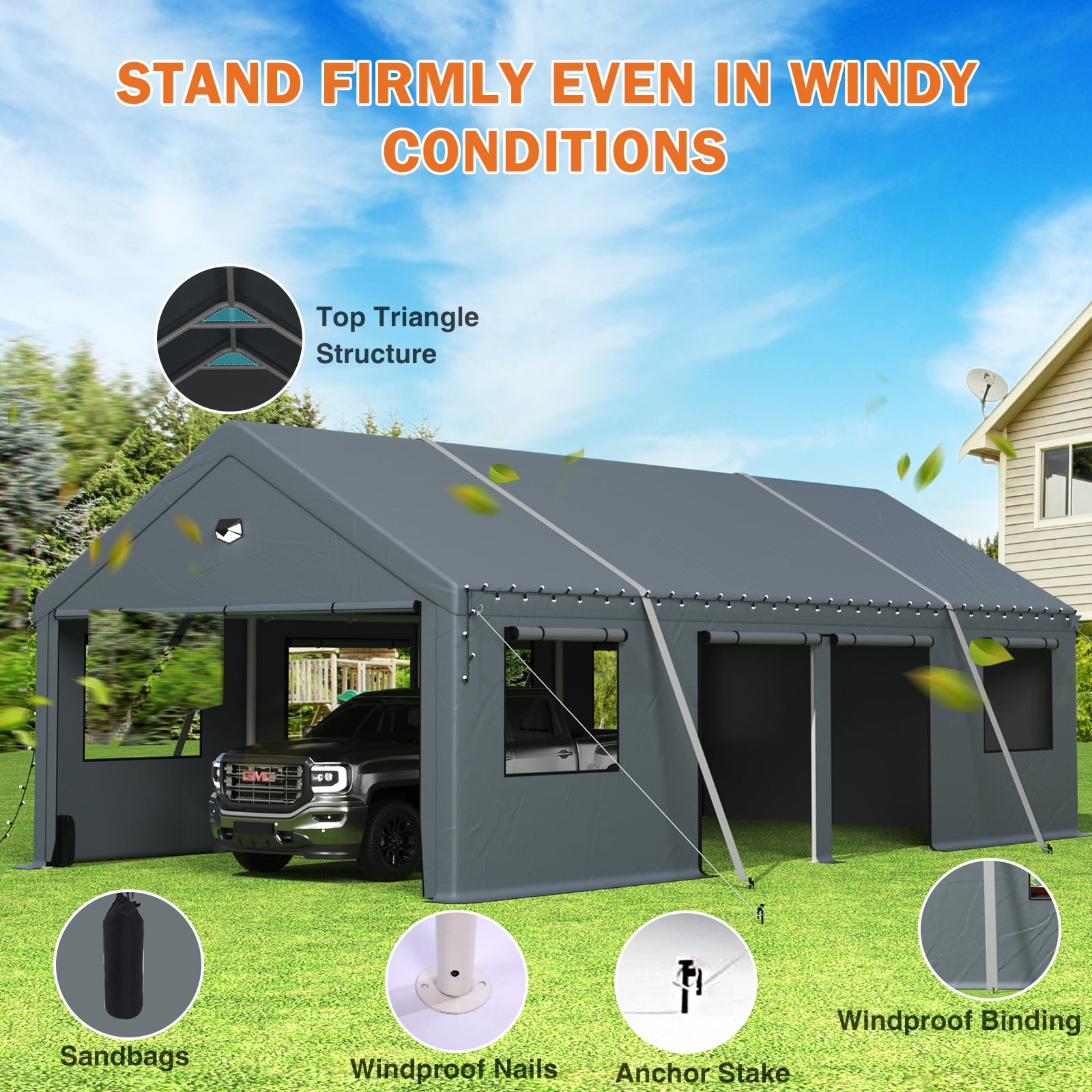 13 ft. W x 25 ft. D Carport Canopy with Side Doors, Heavy Duty Car Ports with Sidewalls, Drive Through Portable Garage, Grey