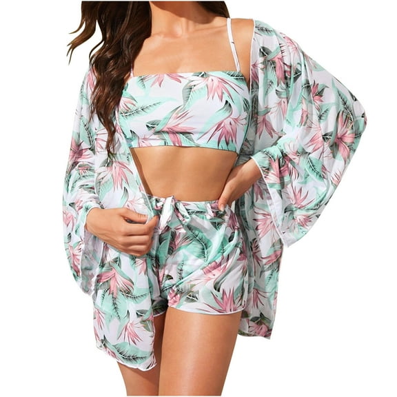 Njoeus Women's Hawaiian 3 Piece Outfits Swimsuit Set Floral Cardigans Beach Cover Up Crop Top Shorts Bathing Suits Summer Swimwear
