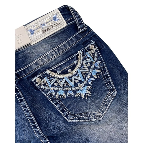 Grace in LA Women's Aztec Feather Crystal Embellished Bootcut Stretch Jeans (25)