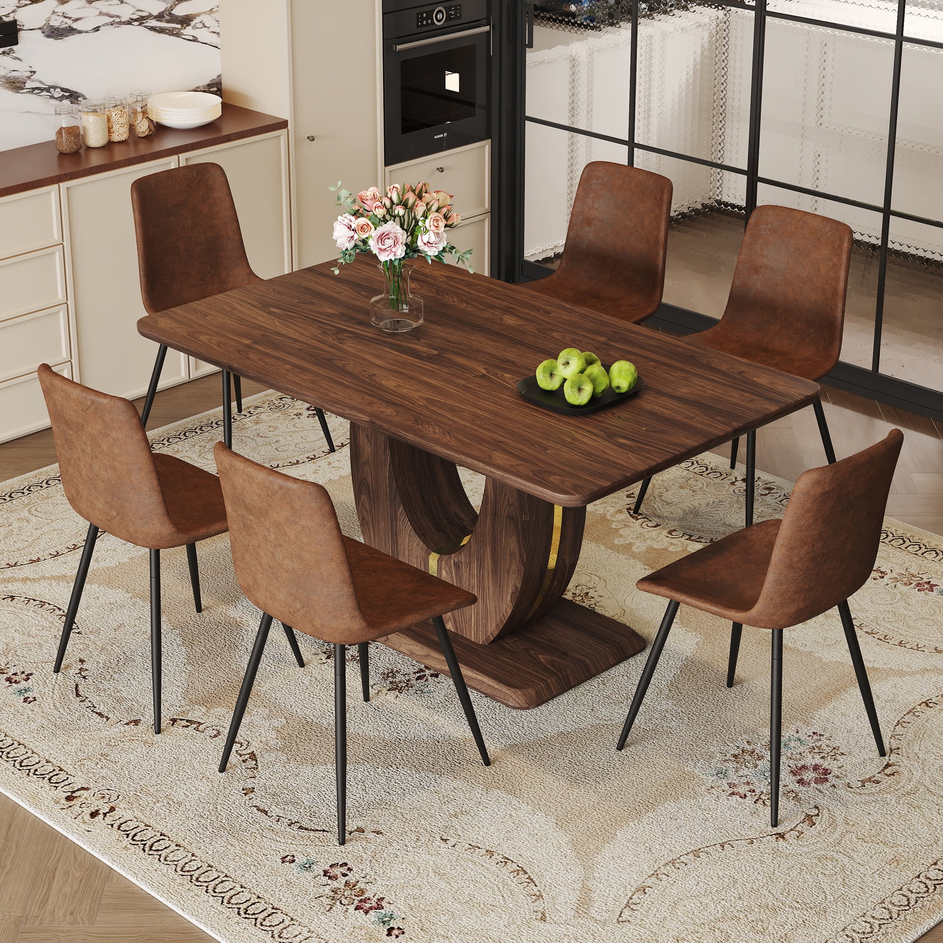 JUFU 63'' Dining Table Rectangular Walnut Tabletop, Easy Assembly, Ideal for Dining Room Kitchen