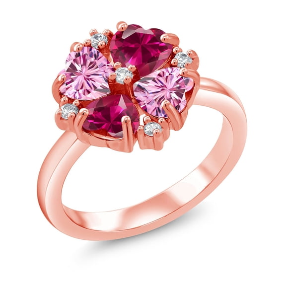Gem Stone King 18K Rose Gold Plated Silver Pink Moissanite and Red Created Ruby Ring for Women (2.28 Cttw, Heart Shape 5MM, Gemstone Birthstone, Size 9)