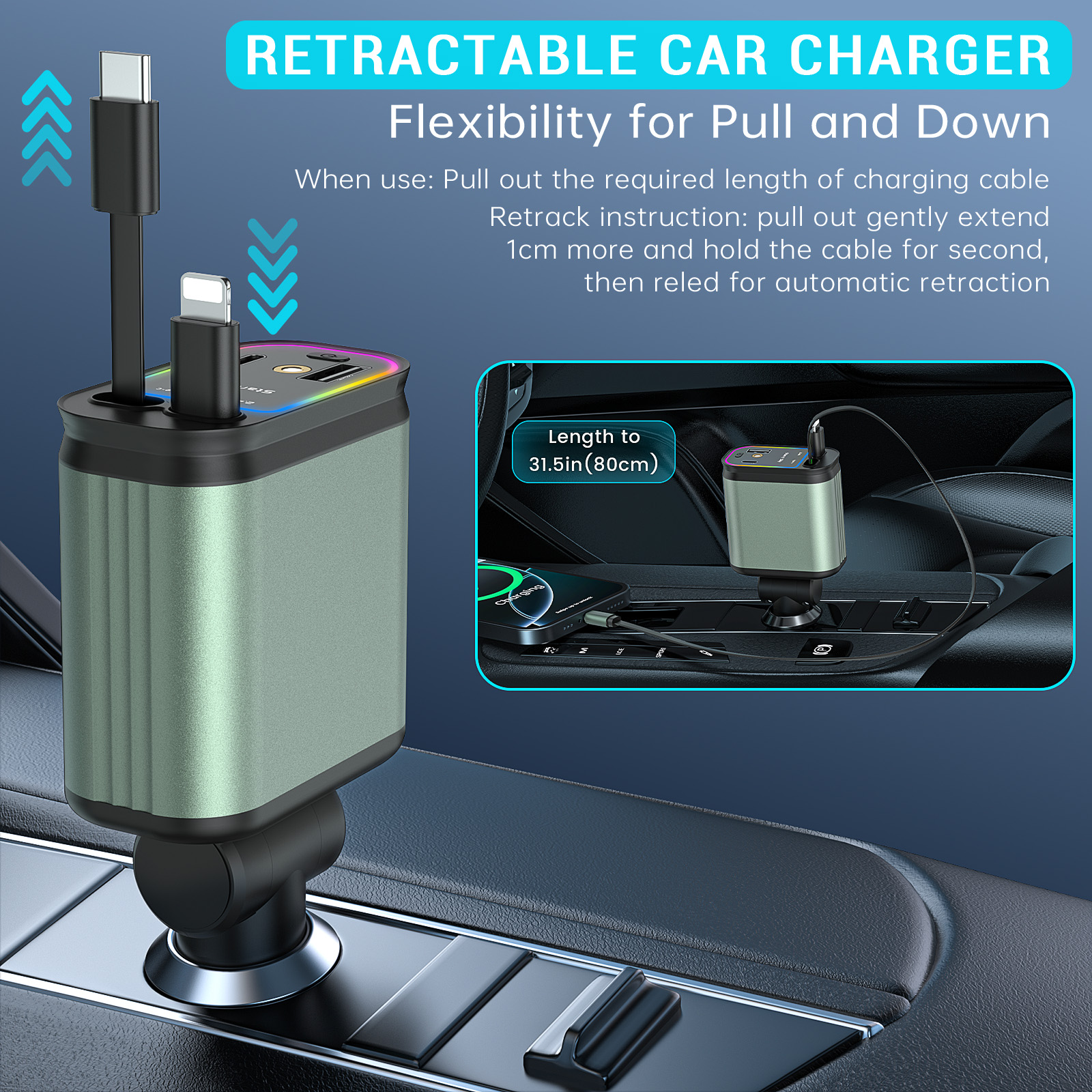 Cshidworld 66W Retractable Car Charger with LED photo 3