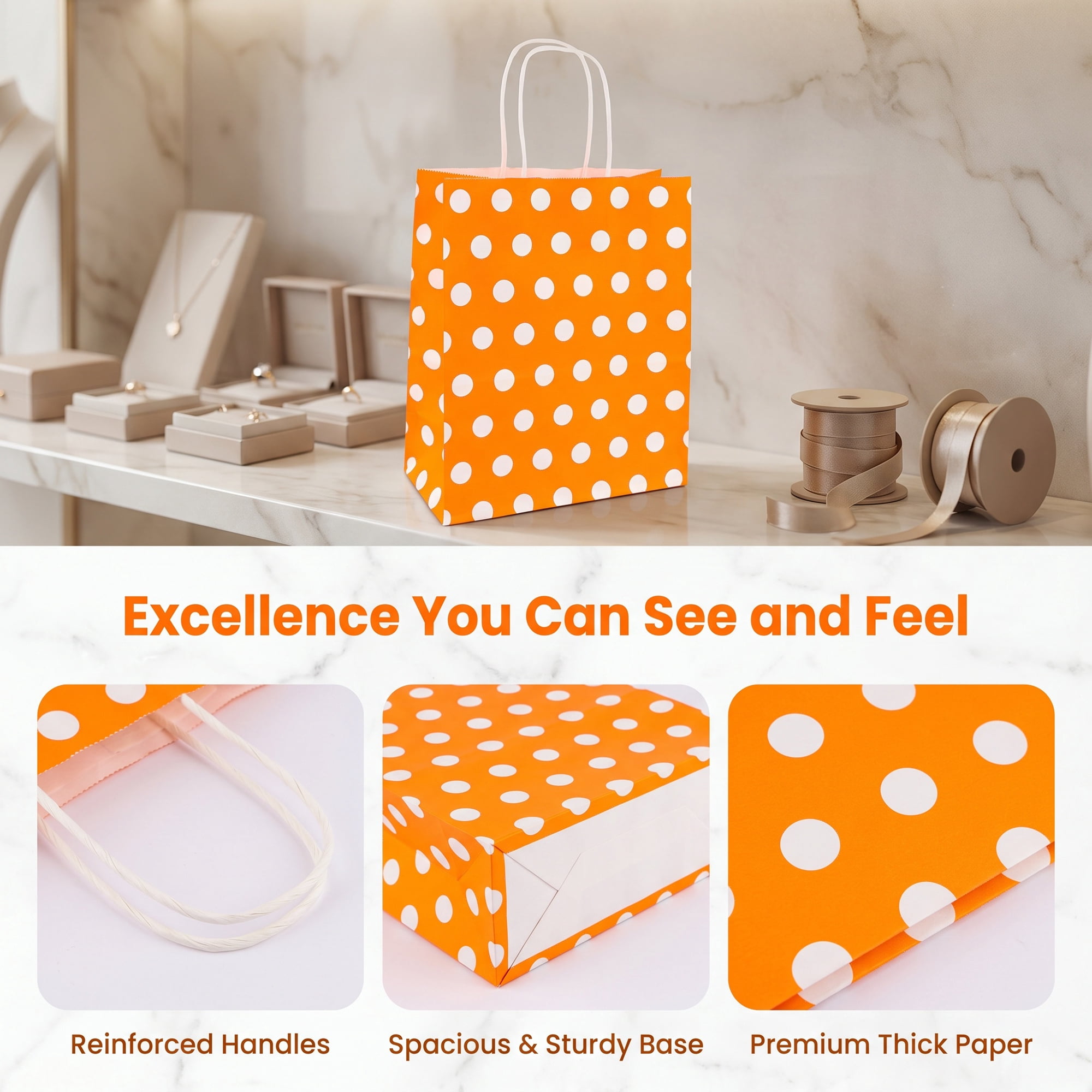 Unique Bargains 6Pcs Polka-dot Paper Gift Bag with Handles Orange 6.3" x 3.1" x 8.7"