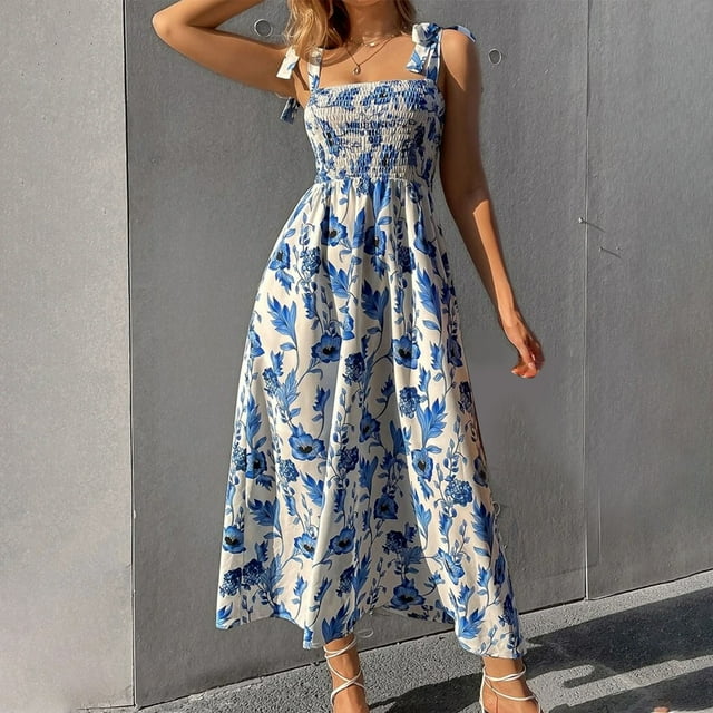 Gspmoly Robe pour Femmes, Robe Longue Sans Manches à Dos Ouvert avec Cordon Imprimé, Robes de Mariage pour Femmes, Cadeaux de Vacances