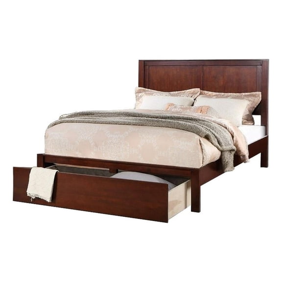 Benjara Kali Platform King Size Bed-Panel Design-1 Storage Drawer-Cherry Brown