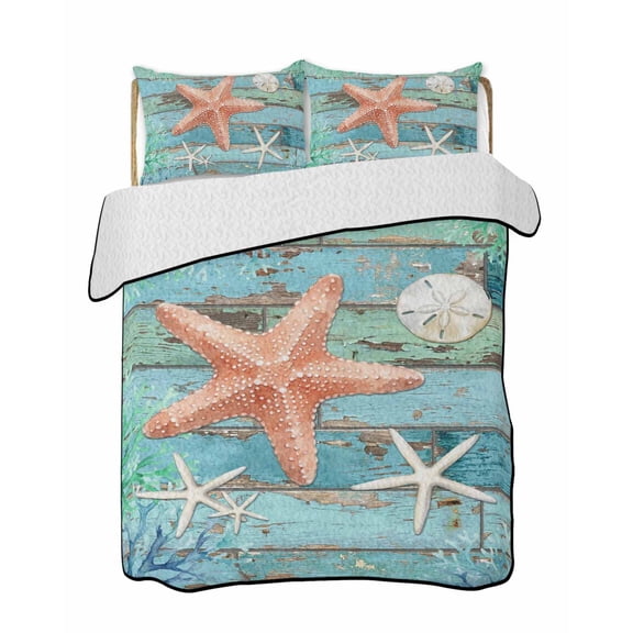 Quilts King Size Bedding Set, Coastal Starfish Lightweight Quilted Comforter, Summer Beach Ocean Coral Teal Blue Wood Soft Reversible Bedspread Coverlet with Pillow Covers for All Season, 96" x 106"