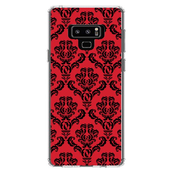 DistinctInk Clear Shockproof Hybrid Case for Samsung Galaxy Note 9 - TPU Bumper, Acrylic Back, Tempered Glass Screen Protector - Red Black Damask Pattern - Floral Damask Pattern