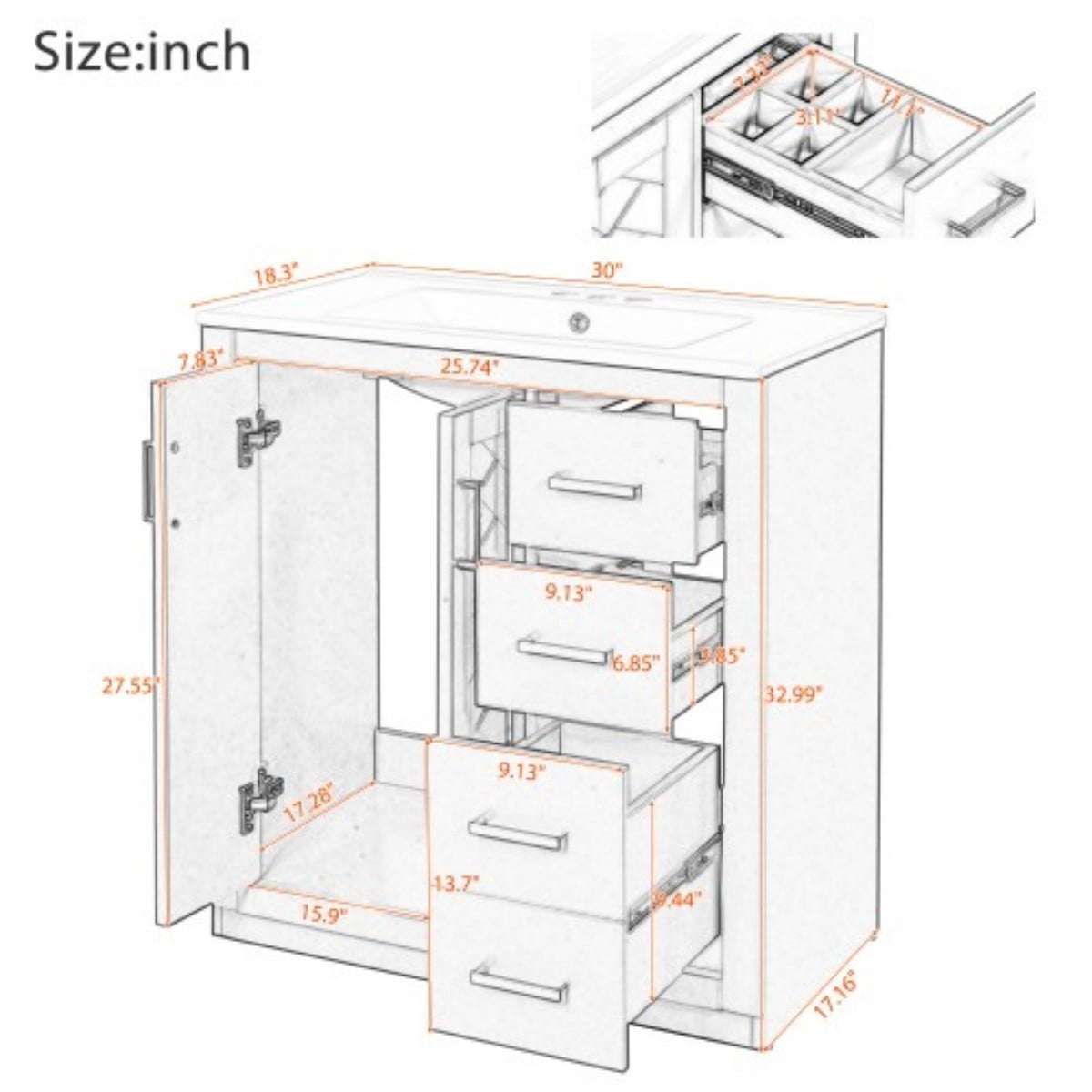 30" Bathroom Vanity with Ceramic Sink Combo, Freestanding Bathroom Vanity Cabinet with 3 Drawers, Solid Wood Frame, Retro Style, Blue