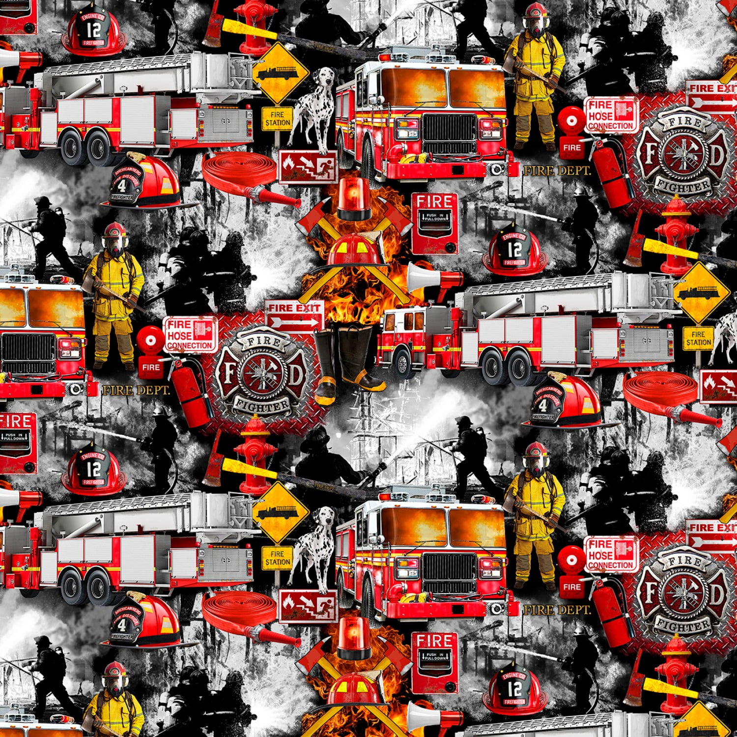 CUTE Vintage 36" Wide Cotton Flannel Juvenile Fabric Fireman Truck Dalmation BTY 
