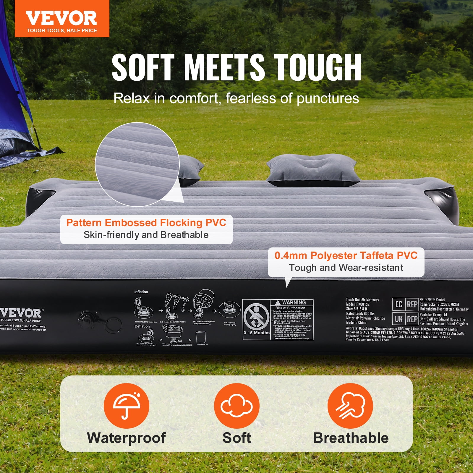 VEVOR Truck Bed Air Mattress, for 5.5-5.8 ft Full Size Short Truck Beds, Inflatable Air Mattress Camping Bed with 12V Air Pump 2 Pillows, Carry Bag, for Silverado, RAM, F Series,Sierra,Titan,Tundra