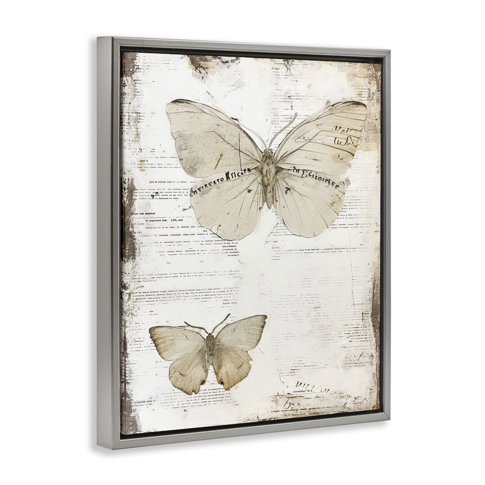 Stupell Industries Butterfly Journal Collage Animals Painting Gray Floater Framed Canvas Art Print Wall Art, 25 x 31