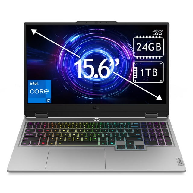 laptop lenovo legion loq gaming 15.6" core i7 24gb 1tb gris 83je000wus vista frontal 3/4 con pantalla IPS Full HD de 15.6" mostrando gráfico y rótulos 24GB y 1TB; chasis gris metálico, teclado en inglés con retroiluminación RGB, touchpad centrado y bisagras visibles; logos Intel Core i7 y Lenovo en pantalla. Apto para gaming exigente y también usado como estación portátil para streaming ligero.