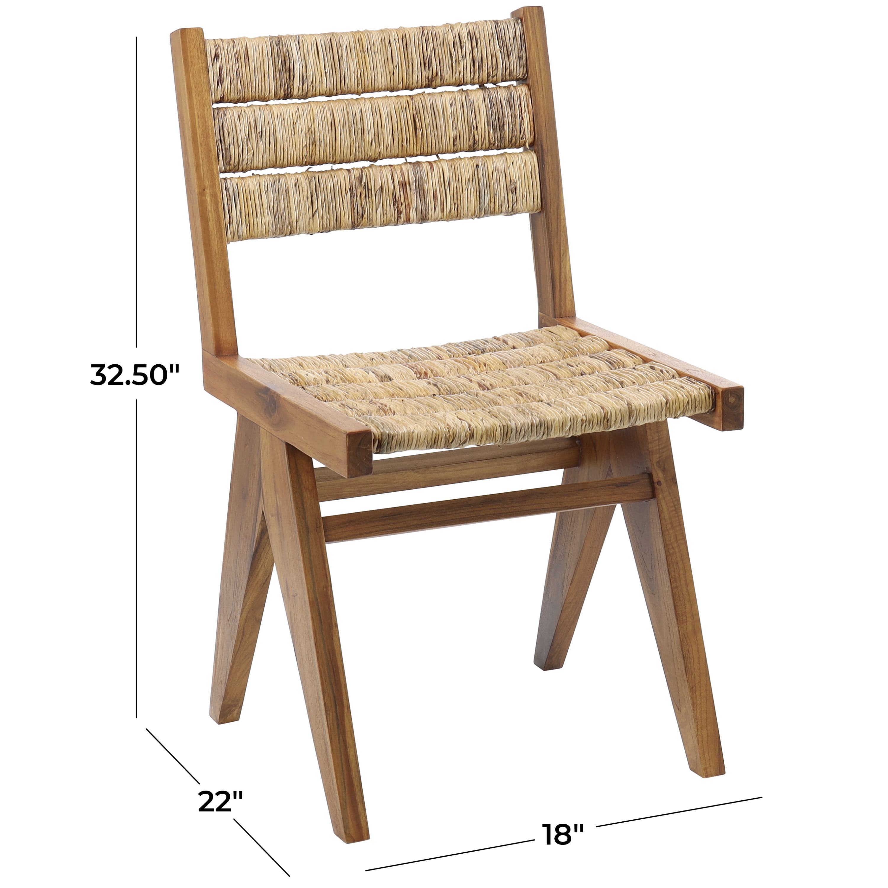 DecMode Teak Wood Handmade Mid-Century Lounge Chair with Wrapped Banana Leaf Seat, Light Brown, Set of 2