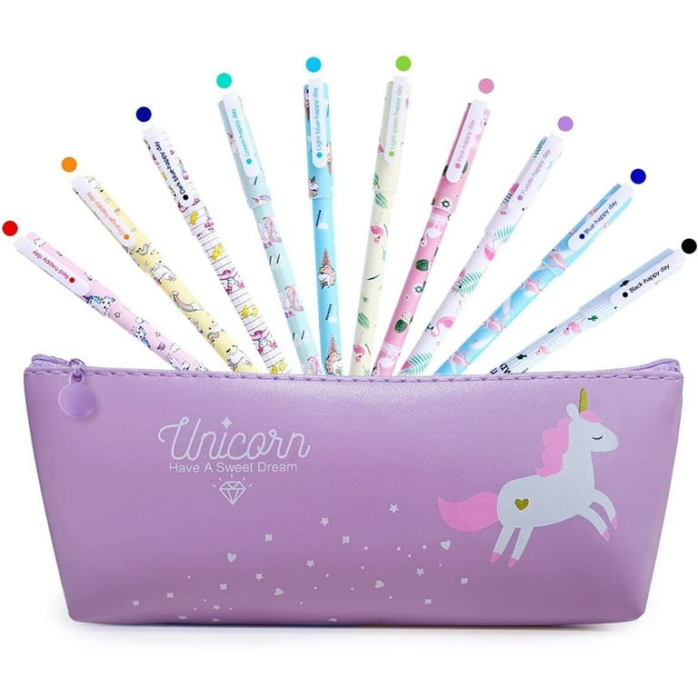 SPECOOL 10Pcs Unicorn Pens with Pencil Case School Gift for Girls Age 6 7 8  9 10 11 12 Years Old, Cute Flamingo Pens Set Ballpoint Writing Smooth Kids  Birthday Present, Purple 