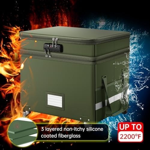 File Box with Lock,2-Layer Fireproof Document Box with Wheels,Collapsible Rolling File Storage Organizer with Pockets,Large Portable Home Office Filing Cabinet Safe for Hanging Folders,Green