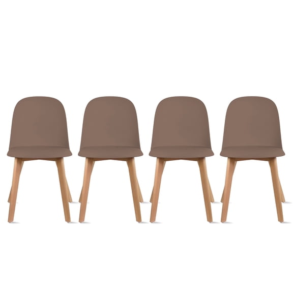 Set of 4 Modern Armless Dining Chair Set with Molded Plastic Seat Shell and Solid Wooden Legs, Brown