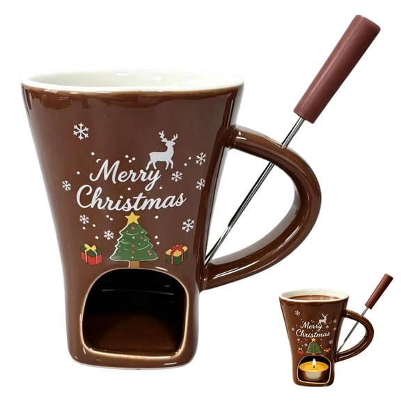 Christmas Ceramic Fondue Mug,Personal Melting Cheese Chocolate Cup,4.72X5.12" Merry Xmas Pattern Fondue Pot with Fork and Tealight Candle,Mini Melting Mug for Butter, Date Night,Birthday Wedding