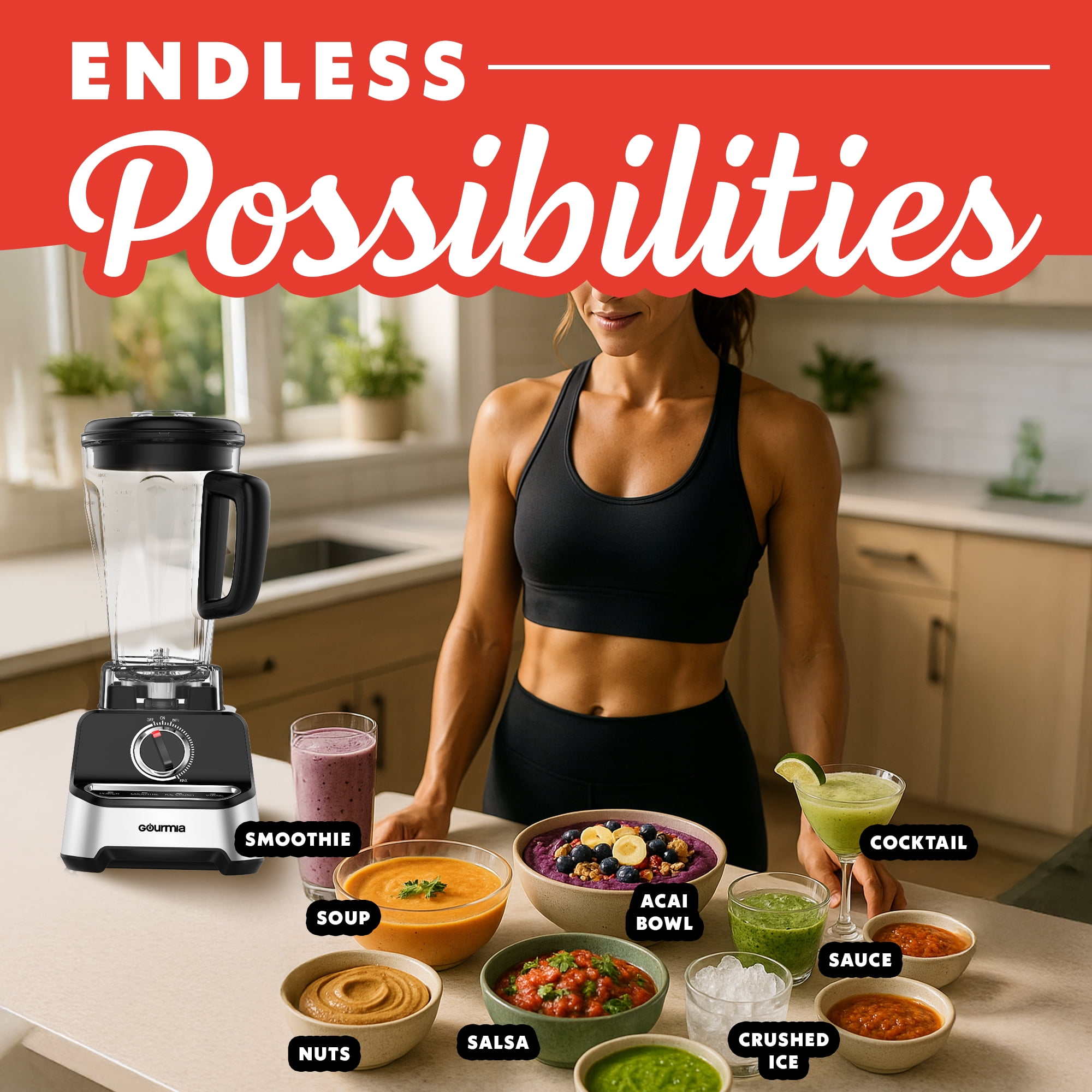 Gourmia Commercial Blender with 2L BPA-Free Jar, 4 Presets, Tamper Included