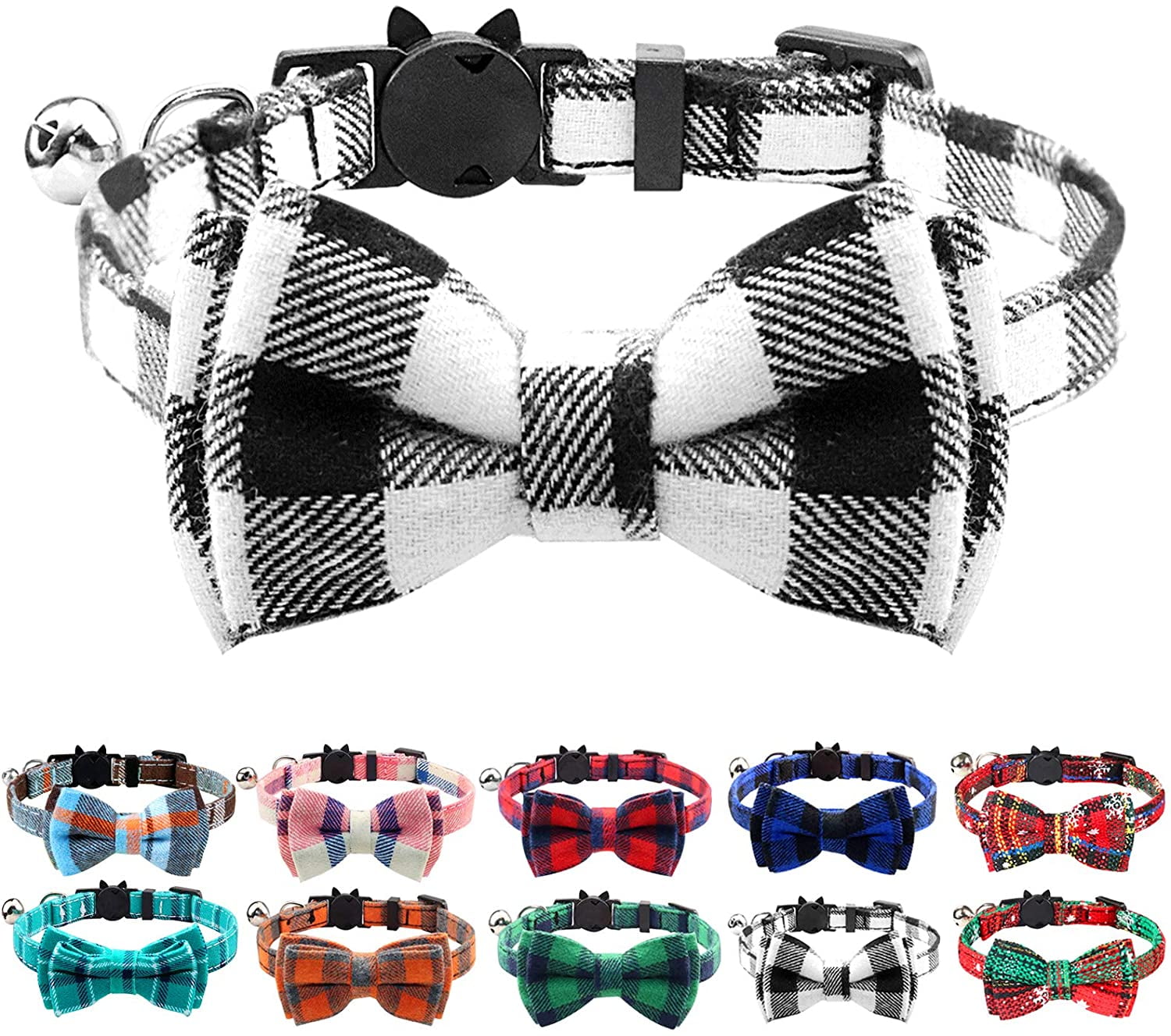 Joytale Quick Release Cat Collar with Bell and Bow Tie Cute Plaid Patterns 2 Pack Kitty Safety Collars