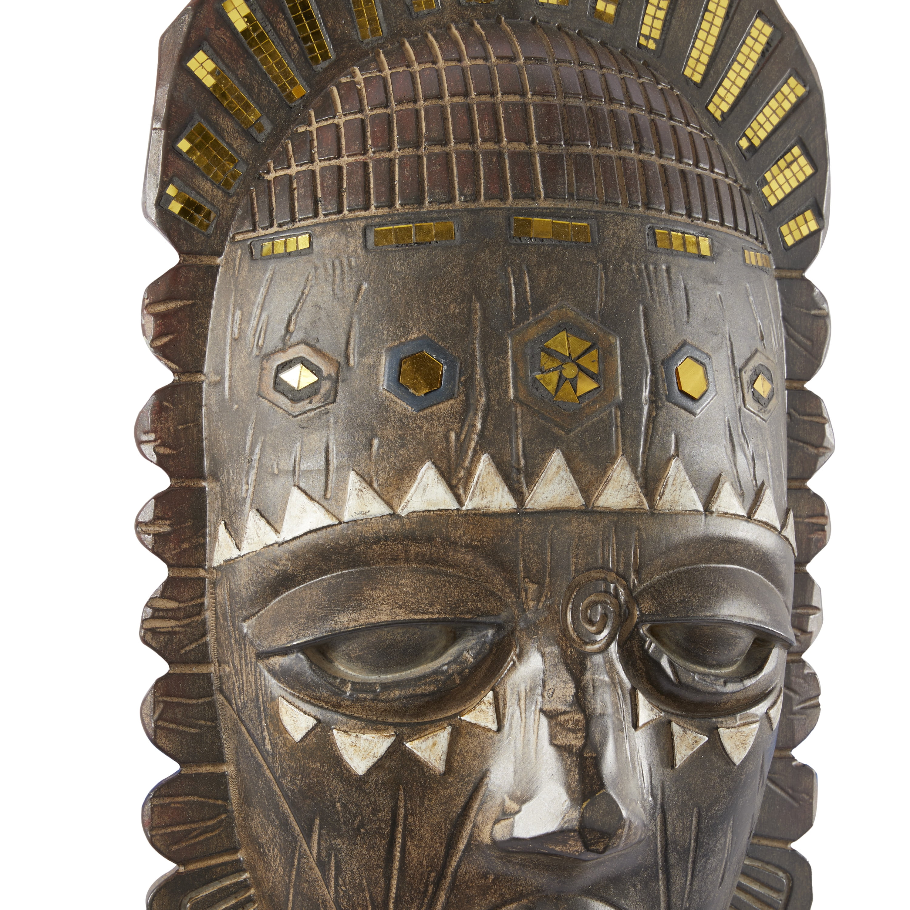 DecMode Brown Polystone Mask African Tribal Home Wall Decor with Cream and Navy Carvings and Mirrored Gold Accents, 11" x 20" x 6"