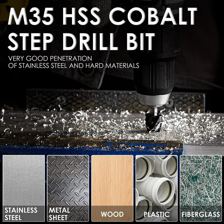 Matework M35 Cobalt Step Drill Bit Set Four Spiral Flute Step Bit 1 8 7 8 Wear Resistant TiAlN Coated 1 4 Hex Shank Unibit for Metal Wood