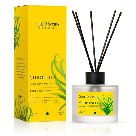 Soul & Scents Reed Diffuser Set-Citronella, 4.1 oz Scented Oil with 6 Fiber Sticks, Long-Lasting Home Fragrance for Bedroom, Bathroom, Office