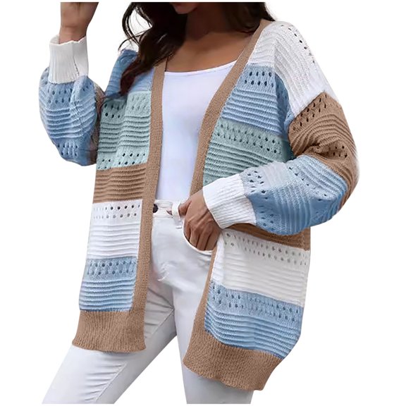 HAiming Knit Cardigan for Women Casual Long Sleeve Color Block Soft Open Front Sweater Trendy Clothes