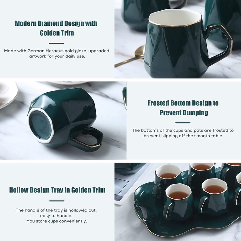 DUJUST 14 pcs Tea Set of 6 with Tea Tray & Spoons, Modern