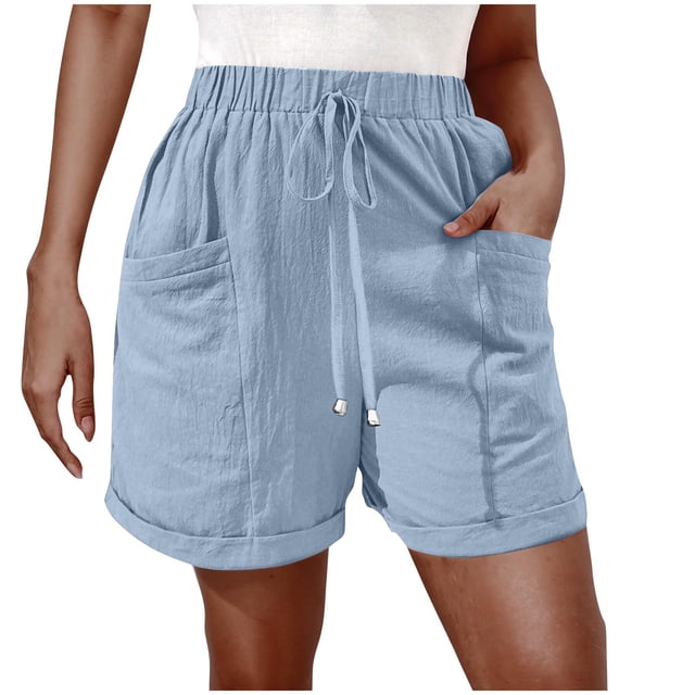 Casual Shorts for Women with Elastic Waist and Drawstring, Solid Color Loose-Fit Summer Pants, Polyester Lightweight Comfortable Short Pants for Daily Wear