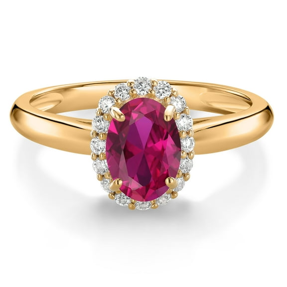 Gem Stone King 10K Yellow Gold Red Created Ruby and White Lab Grown Diamond Halo Engagement Ring for Women (0.98 Cttw, Gemstone July Birthstone, Oval 7X5MM, Size 8)