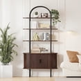 thumbnail image 3 of 71" Tall Arched Bookshelf with Sliding Tambour Doors, Walnut | Mid Century Modern Curved Iron Frame Bookcase, 4-Tier Storage Display Shelving for Living Room/Bedroom/Home Office, 3 of 9