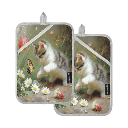 

Playing Cats Set of 2 Heat-Resistant Quilted Pads Silver Polyester 7 x 9.8
