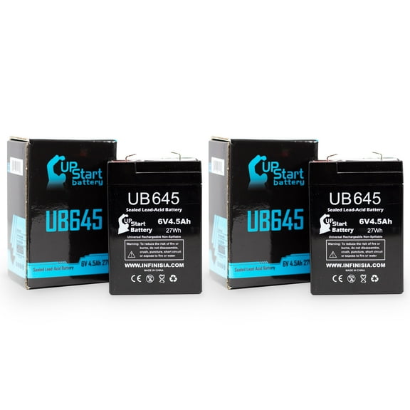 2x Pack - Compatible Light Alarms 2RC1 Battery - Replacement UB645 Universal Sealed Lead Acid Battery (6V, 4.5Ah, 4500mAh, F1 Terminal, AGM, SLA) - Includes 4 F1 to F2 Terminal Adapters