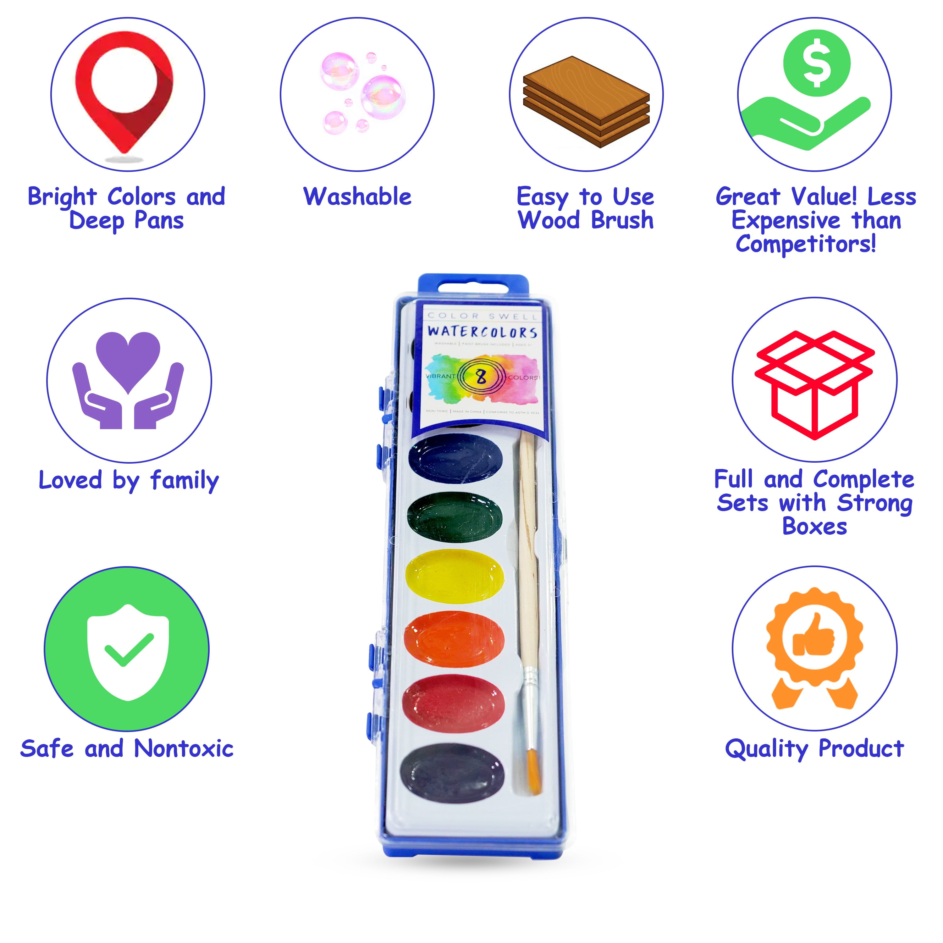 Color Swell 20-Pack Assorted Washable Watercolor Paints 8-Color Wood Brushes
