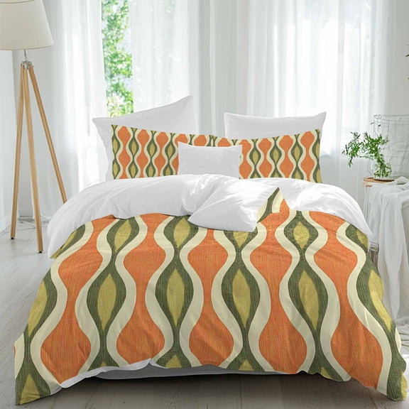 3 Piece Orange Green Geometric Duvet Cover Set Queen Size, Microfiber Comforter/Quilt Cover with Corner Ties and 2 Pillowcases, Abstract Moire Contemporary All Season Soft Bedding with Zipper Closure