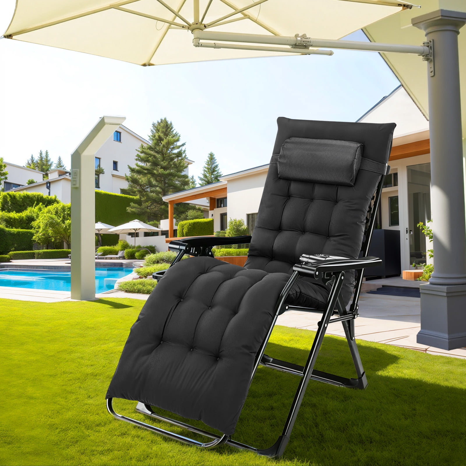 Simenmax Zero Gravity Chair, Heavy-Duty Reclining Lounge Chair with Padded Cushion & Cup Holder, Foldable Patio Recliner for Camping, Beach, and Indoor Relaxation,Black