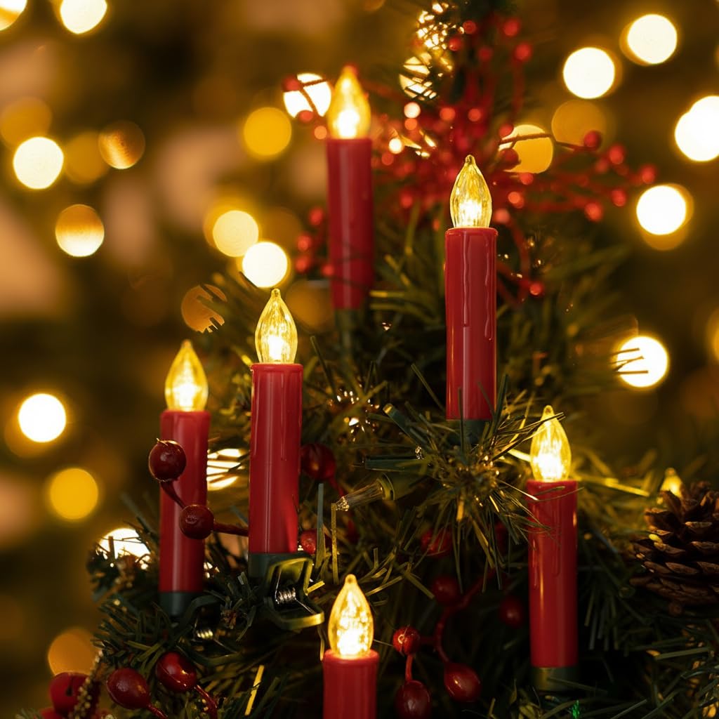 WYZworks 20 Pack LED Flameless Red Taper Clip On/Suction Cup Candles for Christmas Tree/Window Candle, 3.5" Flickering Warm White Candle Lights Ornaments, Crown Wreath, Battery Operated, Remote/Timer