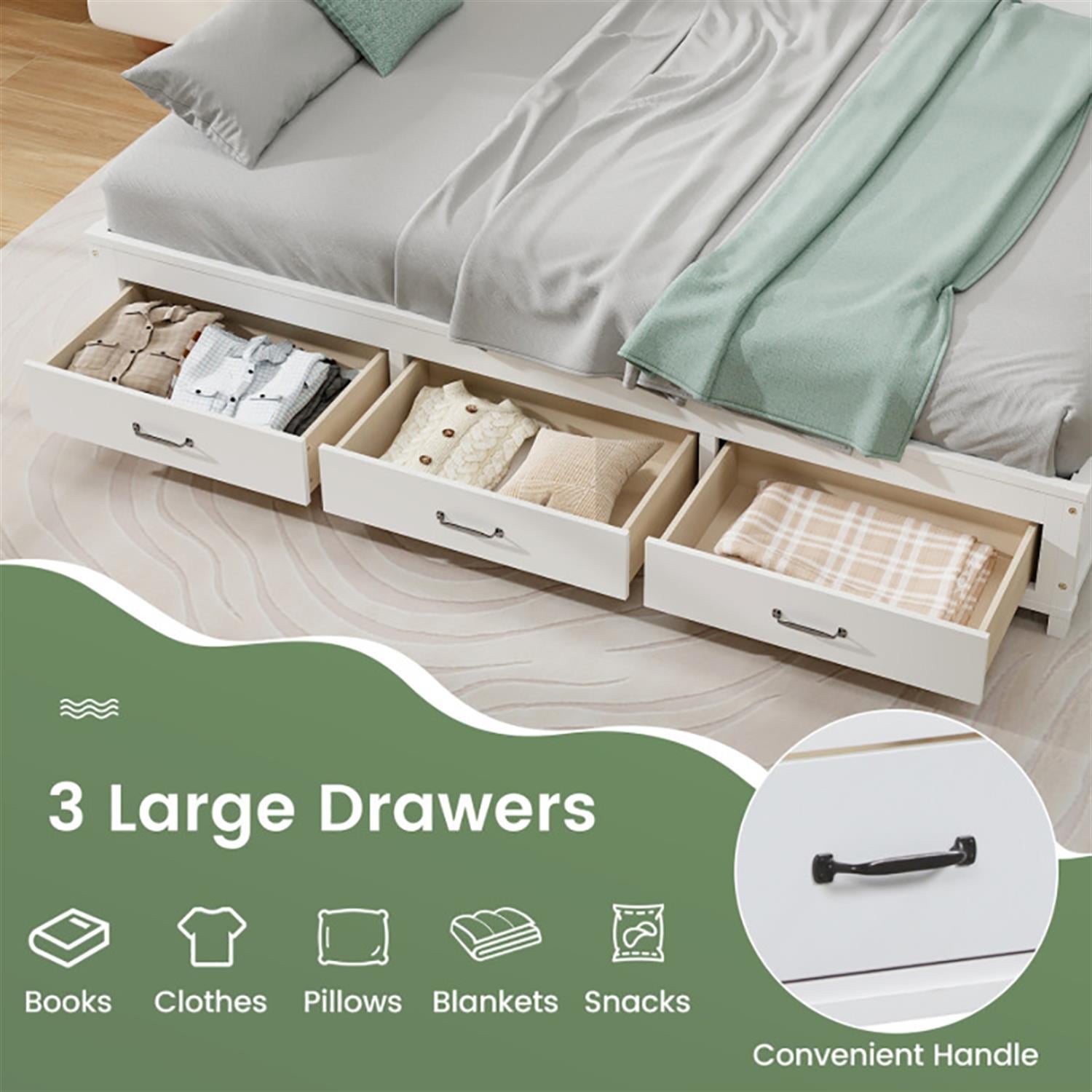 Demi Bonn Twin Size Wooden Daybed with 3 Drawers with Storage Shelves, Modern Wooden Bed Frame for Teens, White