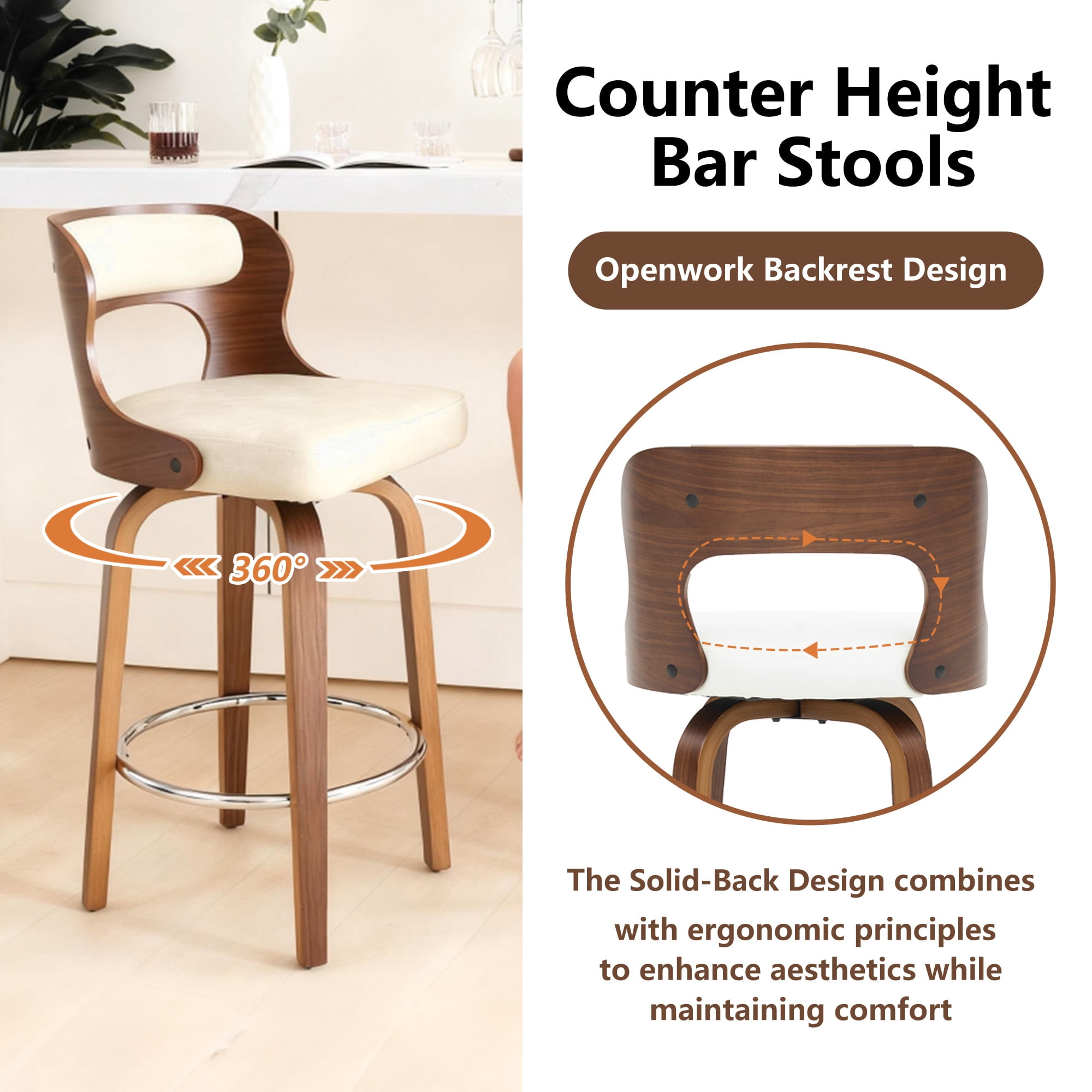 ClinQ 26 inch Swivel Bar Stools Set of 3, Counter Height Bar Chairs with Walnut Legs and Silver Ring Footrest, Upholstered Faux Leather, White