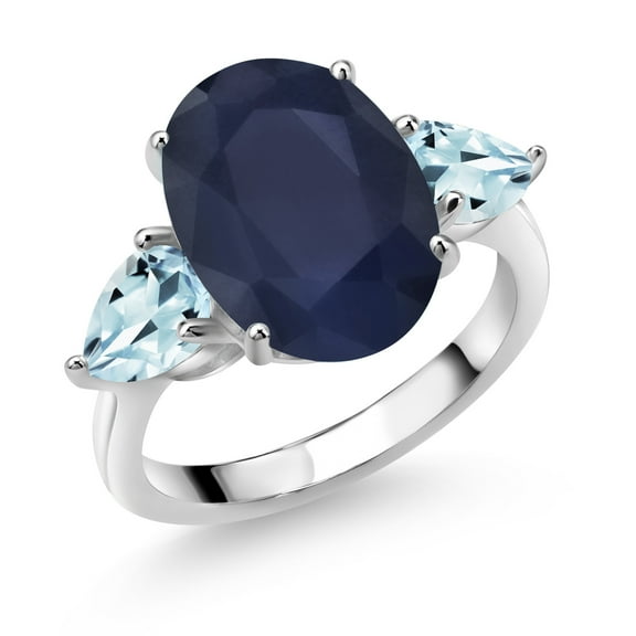 Gem Stone King 925 Sterling Silver Blue Sapphire and Sky Blue Aquamarine Ring for Women (7.87 Cttw, 14X10MM Oval and 7X5MM Pear Shape, Gemstone September Birthstone, Size 7)
