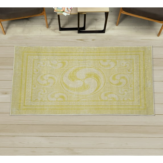 Geometric Decorative Rug, Whirling Look Abstract Circle Design Rounds Pattern in Soft Colors Print, Quality Carpet for Bedroom Dorm and Living Room, 6 Sizes, Pastel Yellow, by Ambesonne