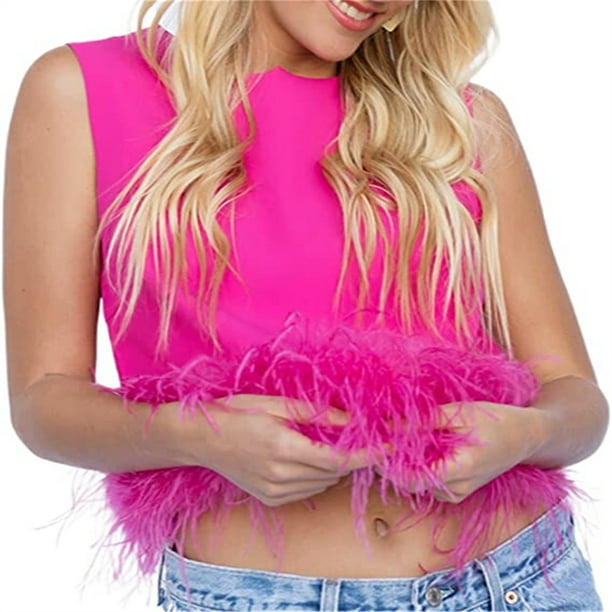 Xsylife Women Feather Tops Fur Tube Vest Top Slim Fit Patch Hem Summer Crop Tops Streetwear 9121