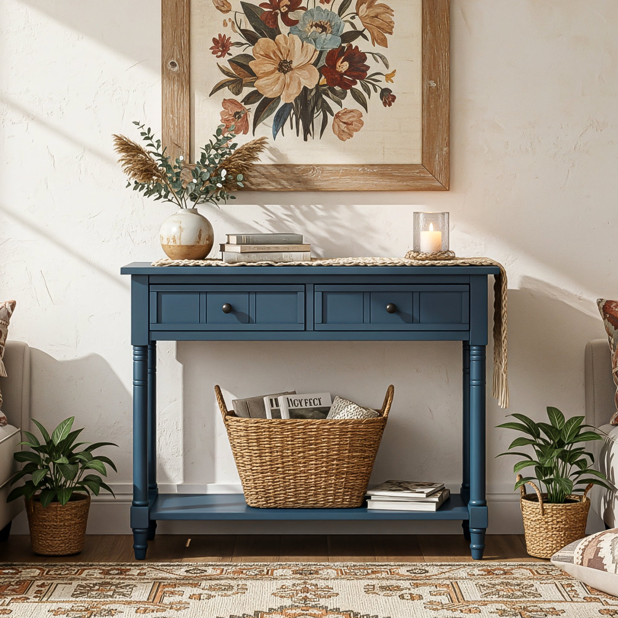 MDQMD Solid Wood Entryway Table,Console Tables for Entryway with Drawers, Sofa Table with Shelf Storage for Living Room,Navy Blue