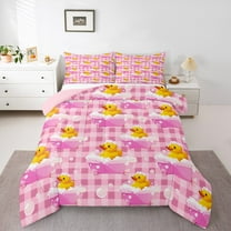 Feelyou Cute Yellow Duck Bedding Comforter Set for Kid, Kawaii Summer Animal Twin Comforter Sets, Cartoon Pink Buffalo Reversible Bedding Set, Super Cozy Room Decor, 2-Piece