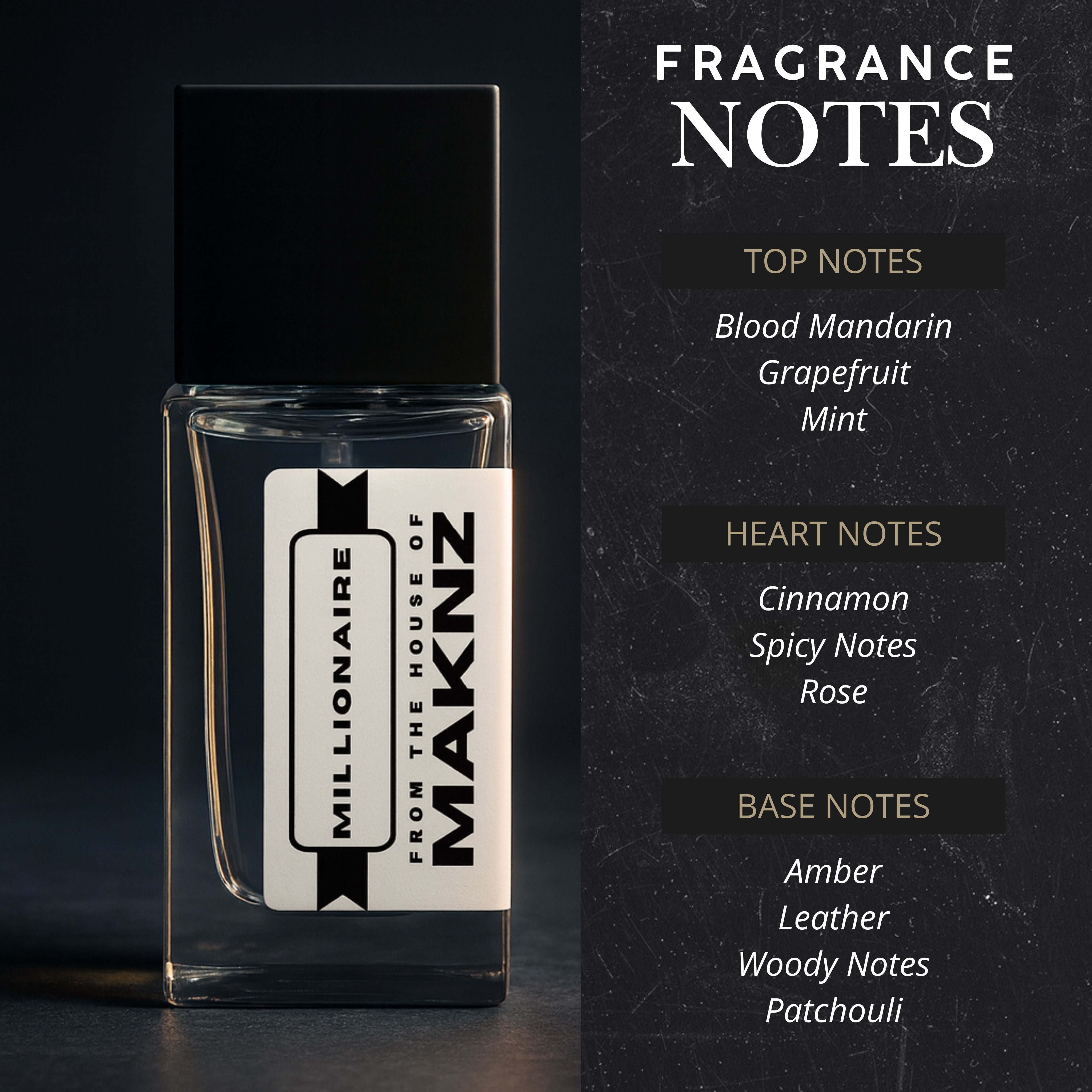 MAKNZ Millionaire Eau de Parfum, Inspired by One Million, Cologne for Men, 1.7 oz / 50ml – Cinnamon, Citrus, Amber, Woody, Leather, Rose, Spicy