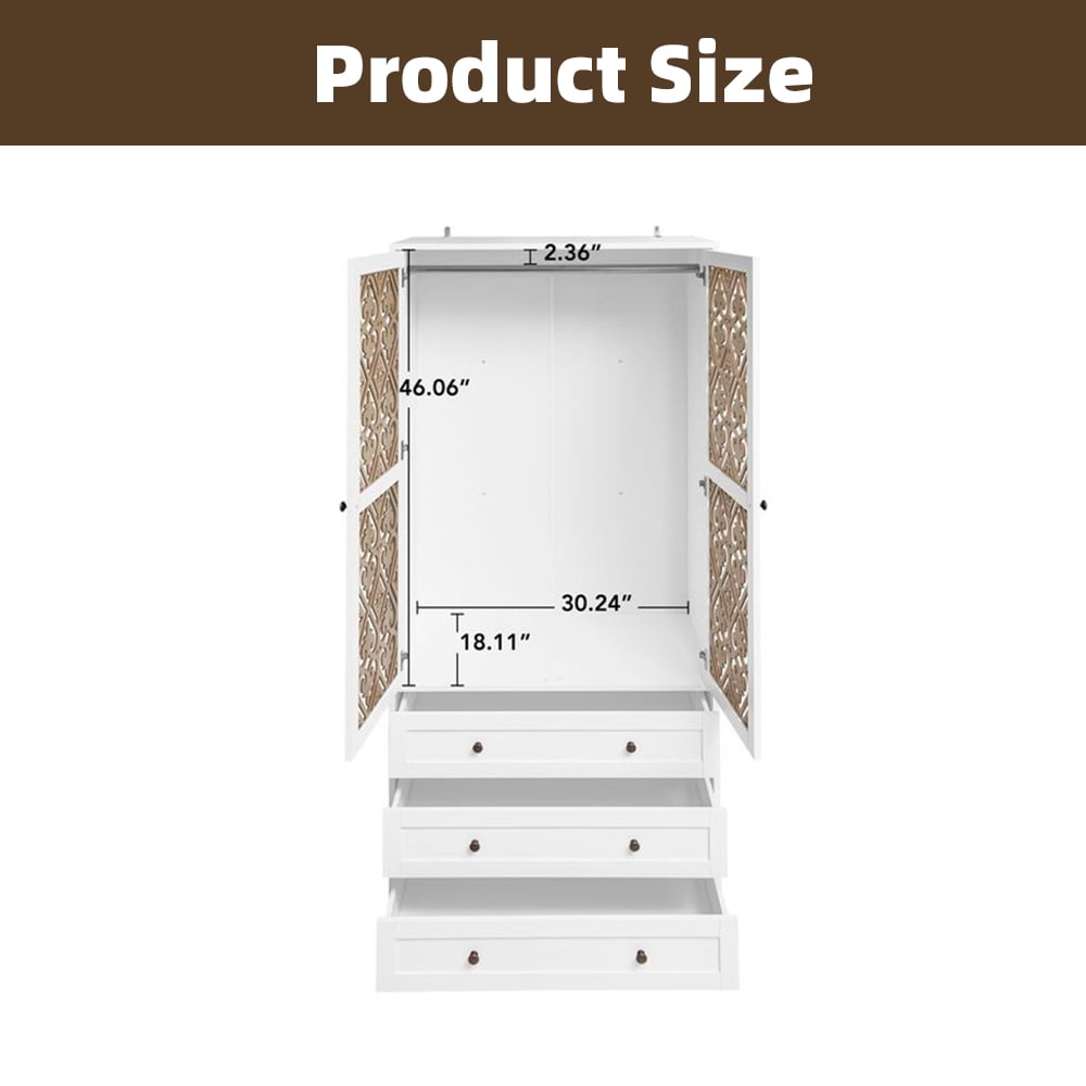 WARMMUSE Wardrobe Closet, Modern Wood  2-Door 3-Drawer Armoires and Wardrobes w/ Hollow Pattern,  Clothes Hanging Rod,  31.4" W x 18.9" D x 71.0" H, White