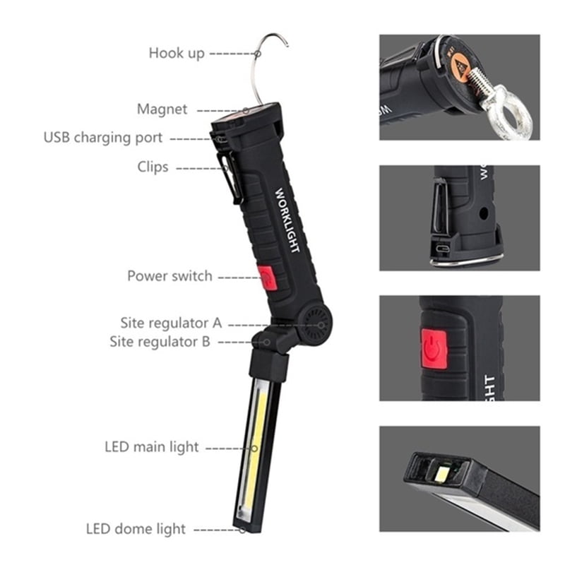 Portable 5 Mode COB Flashlight Torch USB Rechargeable LED Work Light Magnetic ♪✈