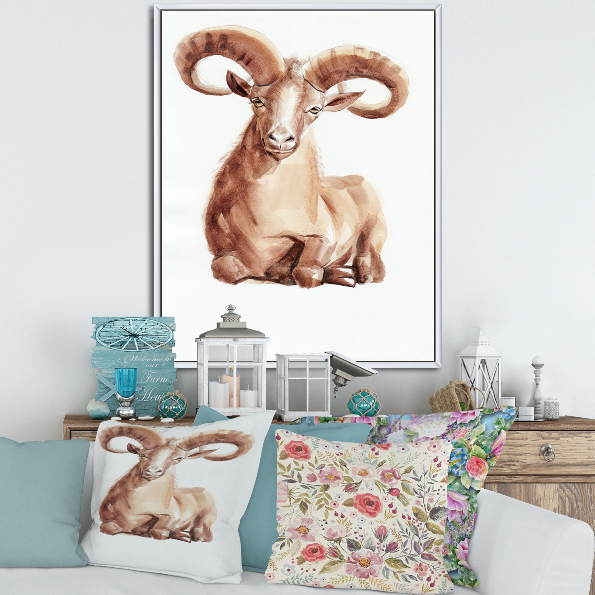 Designart 'Abstract Portrait of Wild Ram With Mighty Horns II' Farmhouse Framed Canvas Wall Art Print