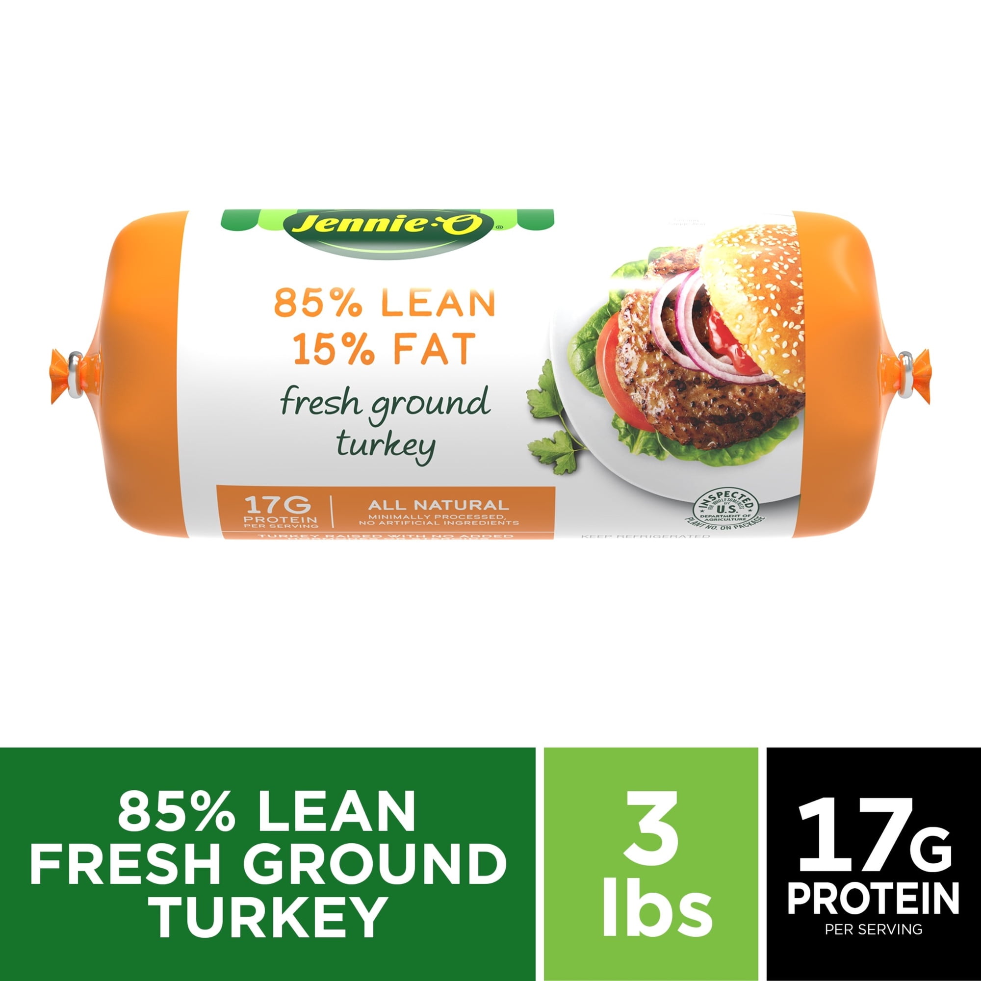 JENNIE-O Fresh Lean Ground Turkey, 85% Lean/15% Fat, All Natural, Refrigerated, 3 lb Plastic Roll